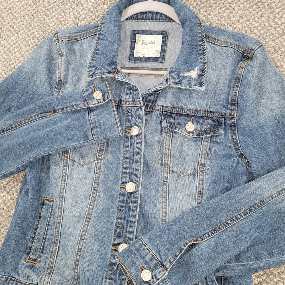 Mudd Womens Medium Wash Distressed Denim Trucker Jacket Blue Boho Size L